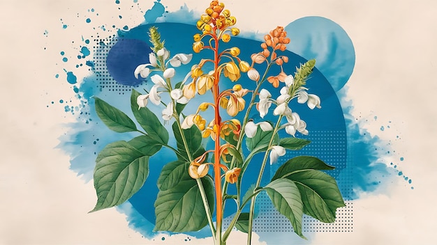 a painting of a plant with flowers and leaves