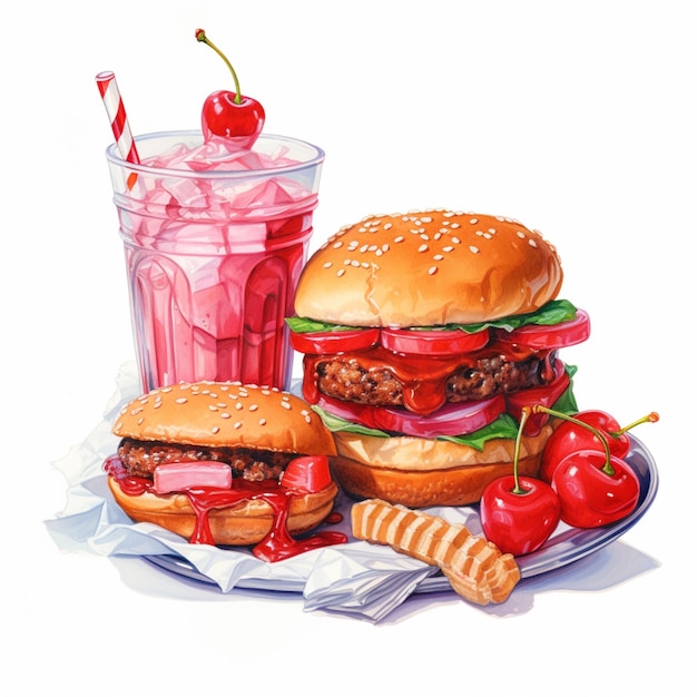 painting of a plate of food with a drink and a sandwich generative ai