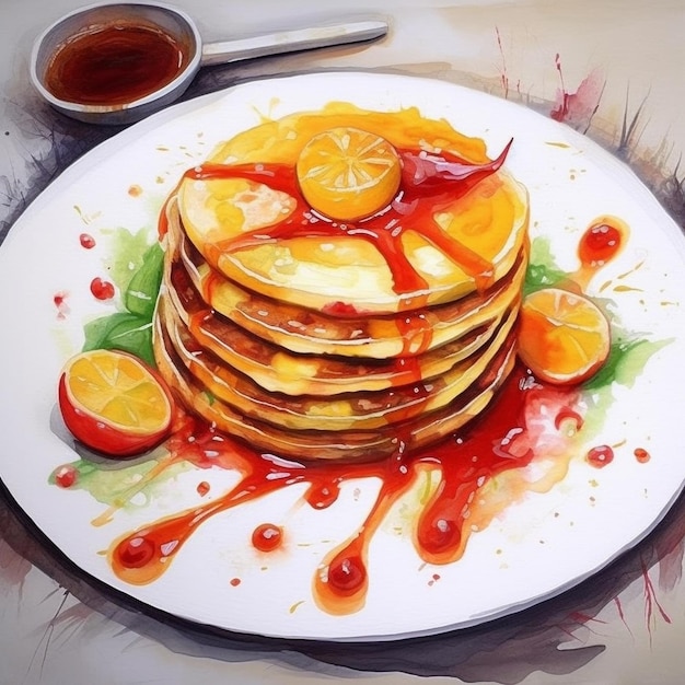 A painting of a plate of pancakes with oranges and sauce.