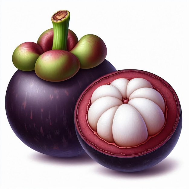 a painting of a plum and a red and green fruit