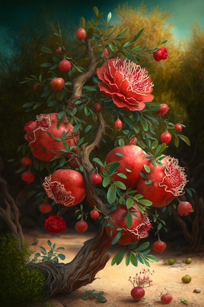 Painting of pomegranates growing on a tree generative ai