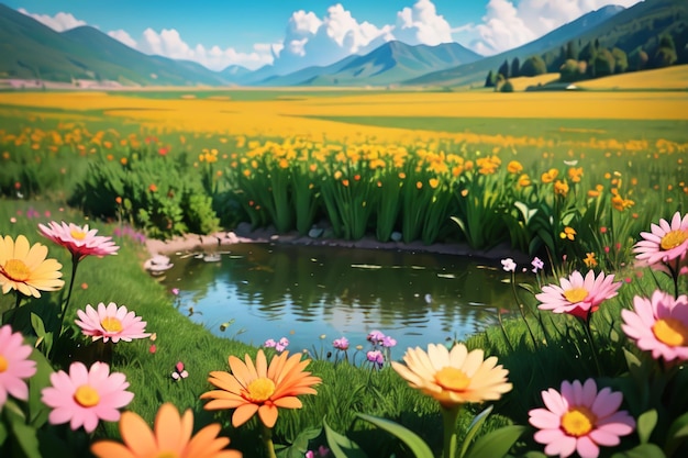 A painting of a pond with flowers and mountains in the background