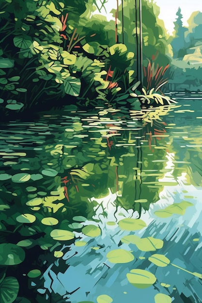 A painting of a pond with a green leafy plant in the foreground.