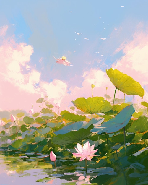 painting of a pond with lotuses and birds flying in the sky generative ai