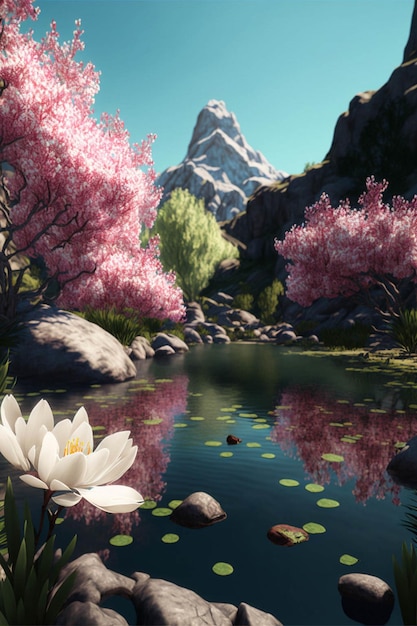 Painting of a pond with a mountain in the background generative ai