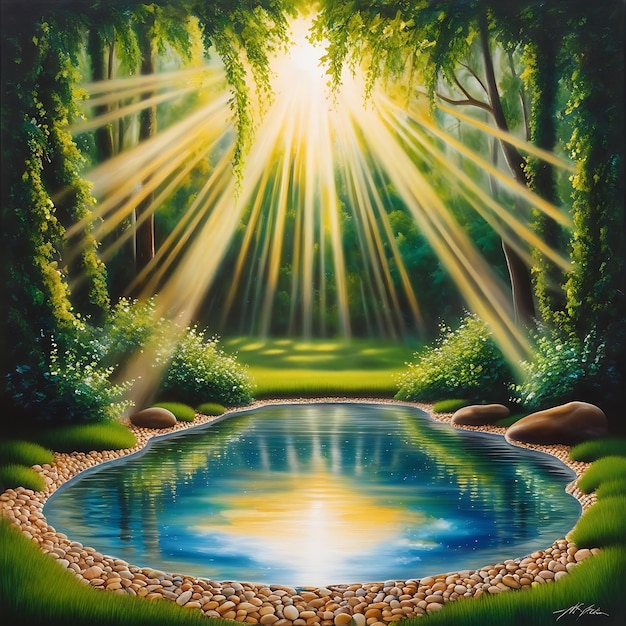 a painting of a pond with a sun shining through the trees