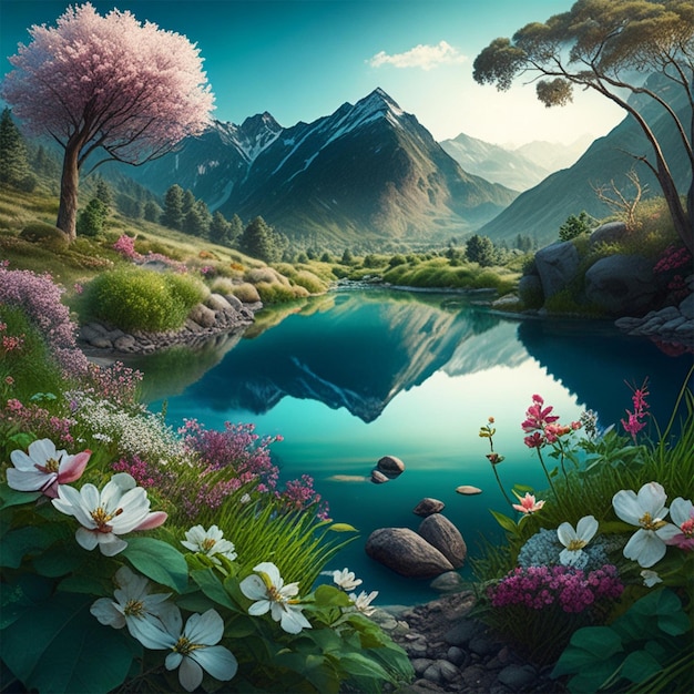 a painting of a pond with a tree and flowers in it