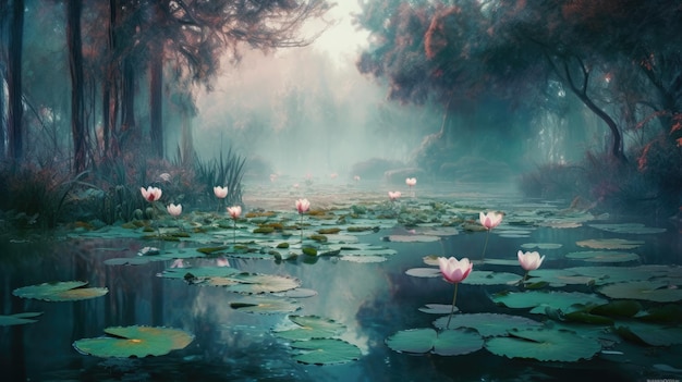 A painting of a pond with water lilies on it