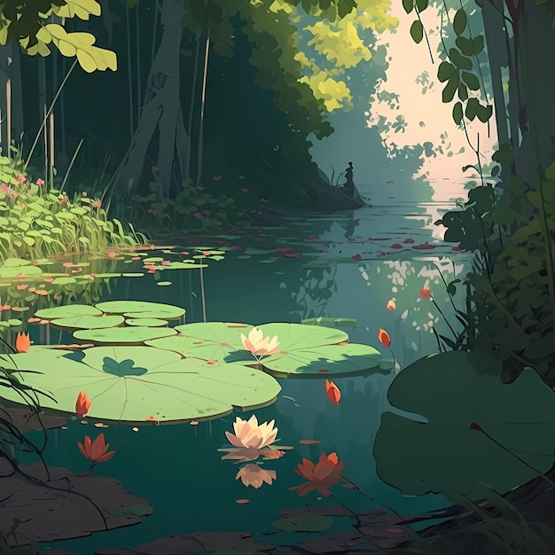 A painting of a pond with water lilies and a tree with a green background.