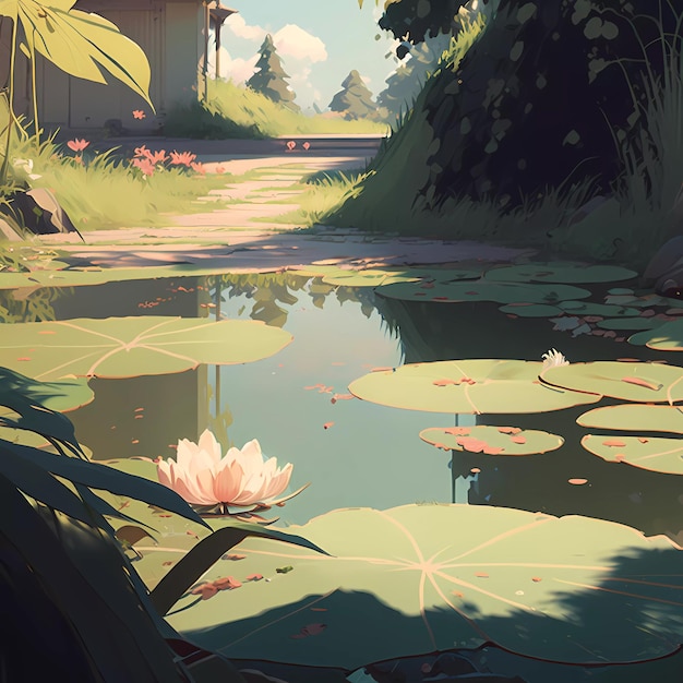 A painting of a pond with a water lily on it