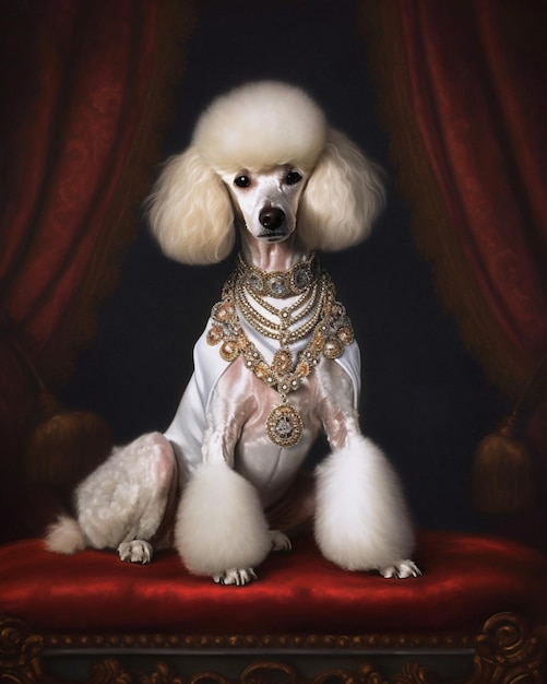 A painting of a poodle wearing a white dress and a necklace.