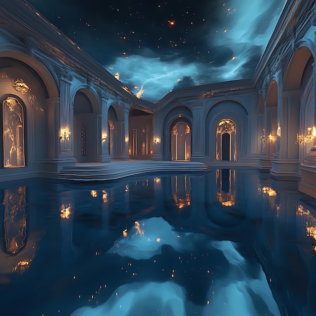 Photo a painting of a pool with a blue water pool and a blue sky with stars