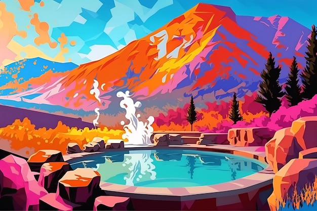 A painting of a pool with a mountain in the background.