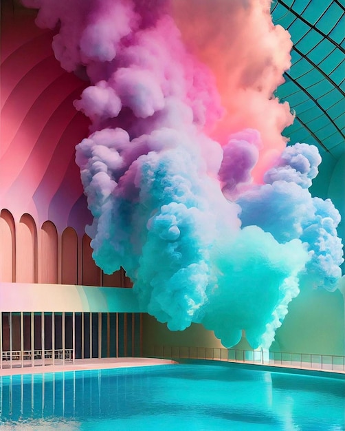 A painting of a pool with smoke coming out of it