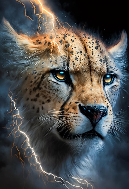 Painting of portrait abstract lightning cheetah warrior AI Generated