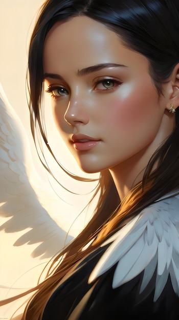 Painting portrait of a beautiful angel lady with wings