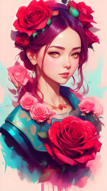 Painting portrait of a beautiful lady with rose flower