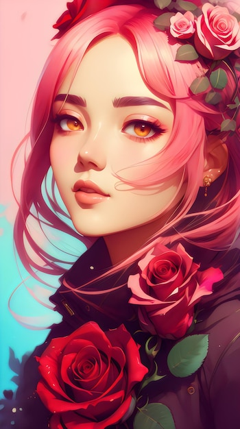 Painting portrait of a beautiful lady with rose flower