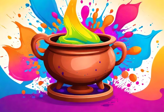 a painting of a pot with colorful paint on it