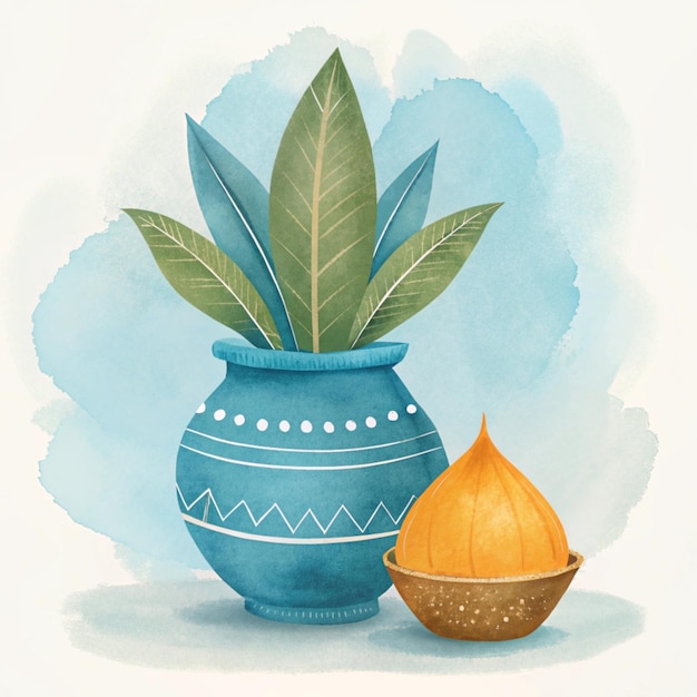 a painting of a pot with a plant and a pumpkin