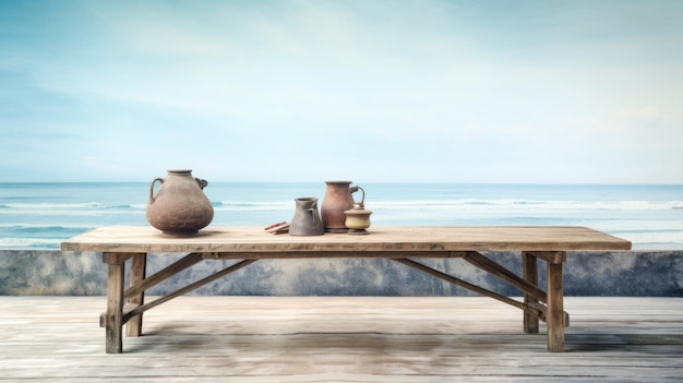 a painting of pots and pots on a wooden table.