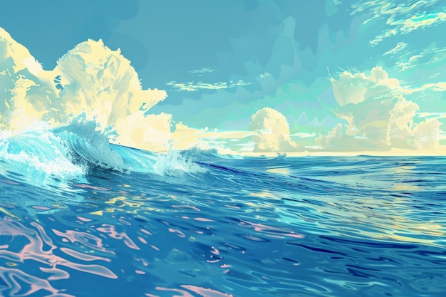 Photo a painting of a powerful wave breaking in the deep blue ocean a digital interpretation of a tranquil blue ocean scene with gentle waves against a vibrant blue background