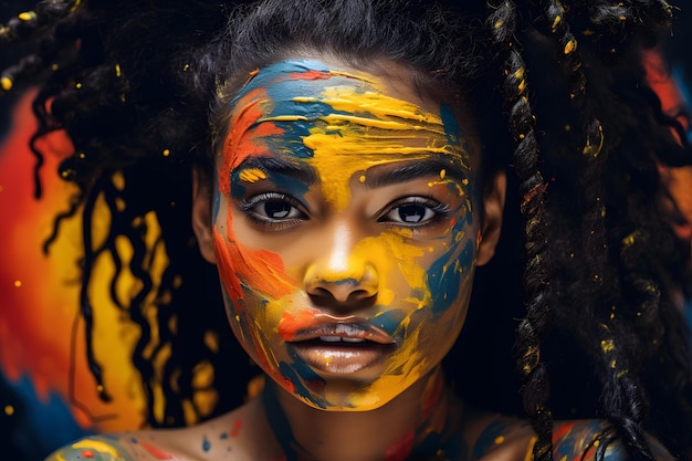 Painting of a pretty young African American woman with black paint and colorful paint on her face