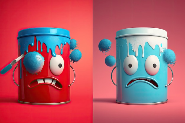 Painting project of paint can character on blue and red background