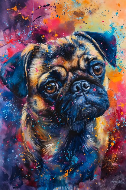 Photo a painting of a pug dog with colorful splatters