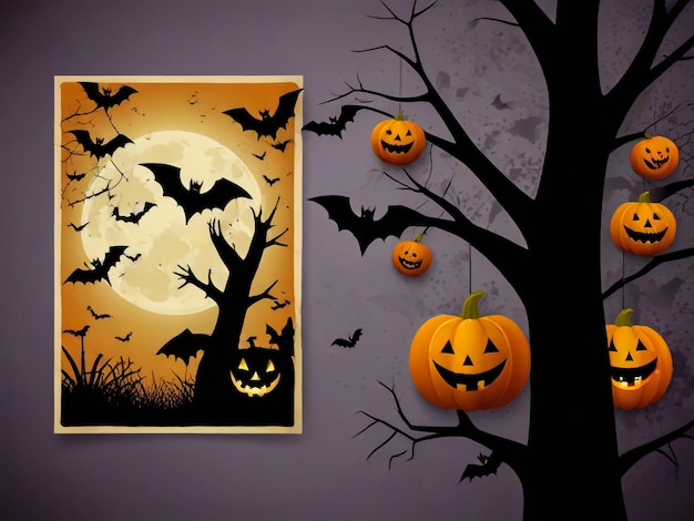 a painting of a pumpkin and bats on a purple wall