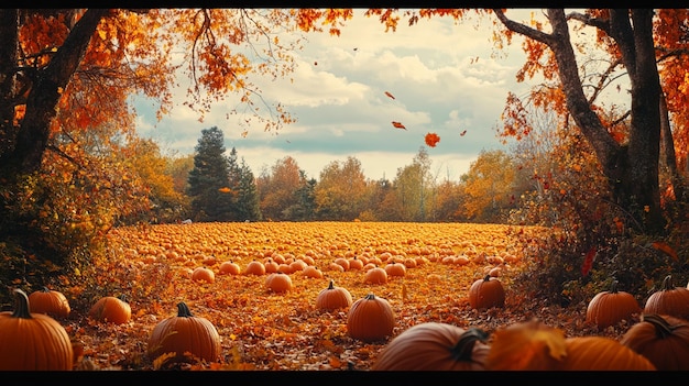 Photo a painting of a pumpkin patch with a tree in the background