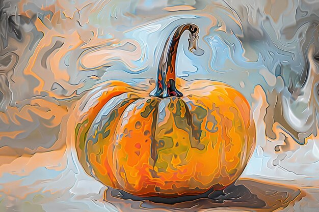 Photo a painting of a pumpkin resting on a table showcasing vibrant colors and intricate details a modern abstract interpretation of a pumpkin