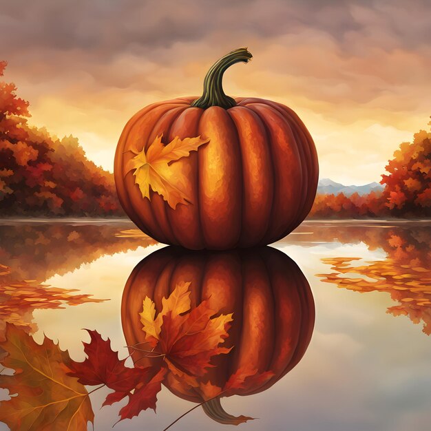 a painting of a pumpkin with a leaf on it