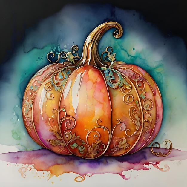 Photo a painting of a pumpkin with a purple and green background