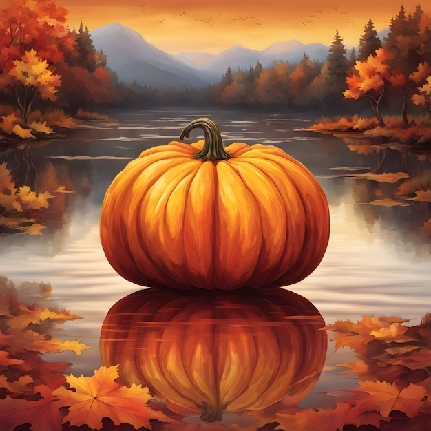 a painting of a pumpkin with a reflection of a mountain in the background