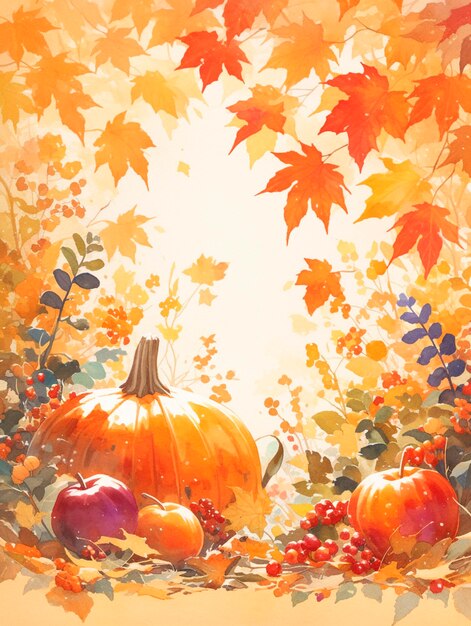 Photo a painting of pumpkins and leaves with a sun behind them