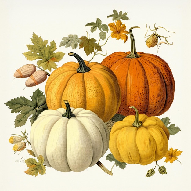 Photo a painting of pumpkins and leaves with the word 