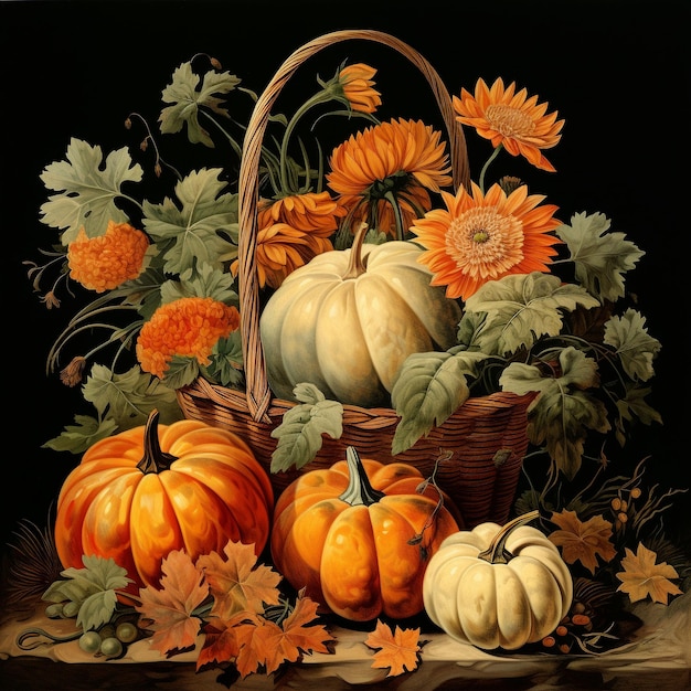 Photo a painting of pumpkins and pumpkins on a table