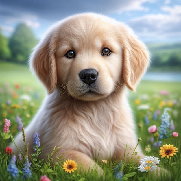 a painting of a puppy in a field of flowers