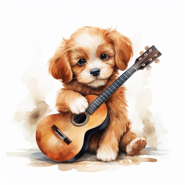 painting of a puppy playing a guitar generative ai