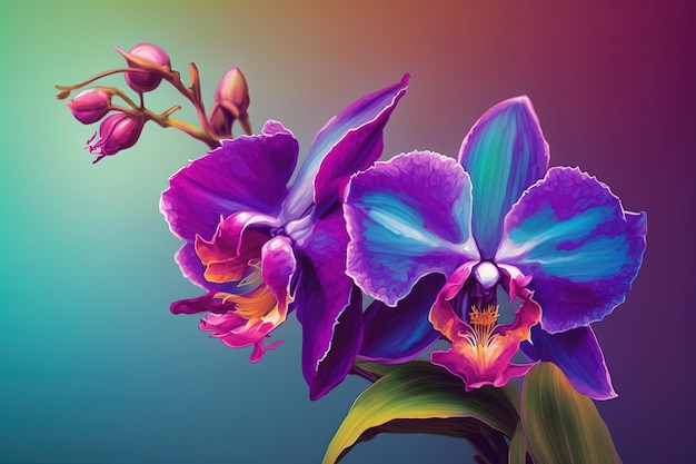 A painting of a purple flower with green leaves generative AI