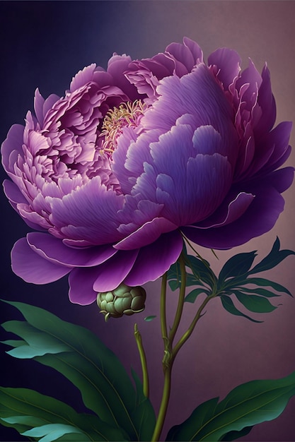 Painting of a purple flower with green leaves generative ai