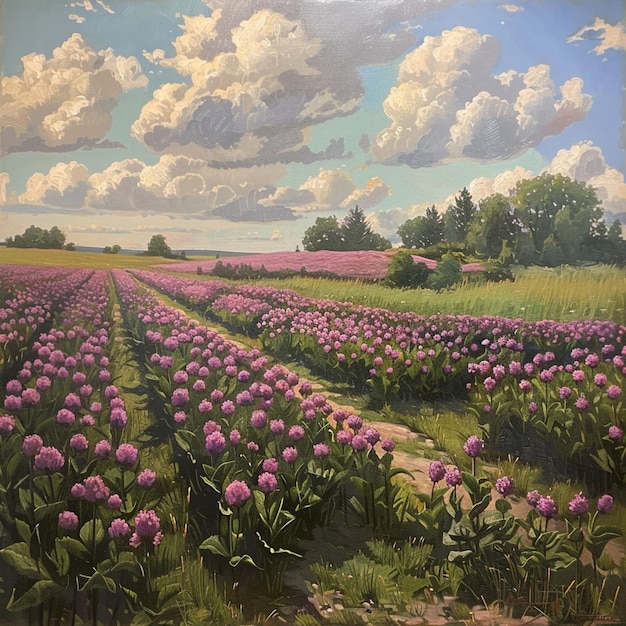 Photo a painting of purple flowers in a field with trees in the background