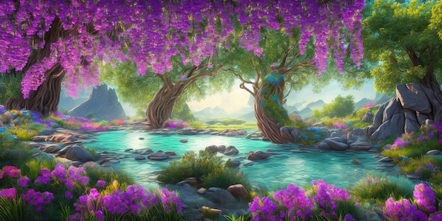 A painting of purple flowers in a forest with a river in the background.