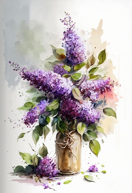 A painting of purple flowers in a vase with green leaves.