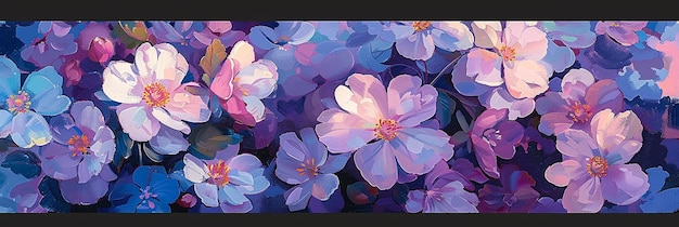 a painting of purple flowers with pink and blue petals