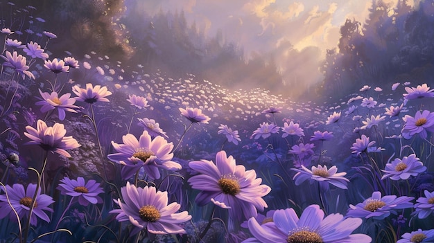 a painting of purple flowers with the sun setting behind them