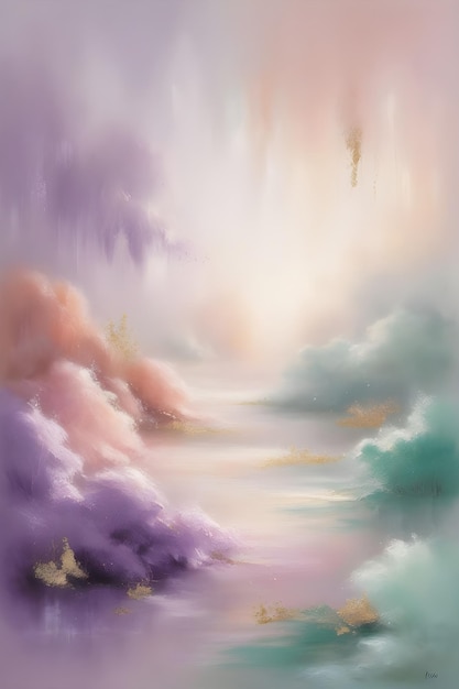 Photo a painting of a purple and green landscape with a river and clouds