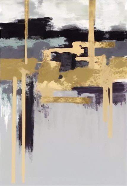 A painting of a purple and grey abstract art with gold and purple paint.