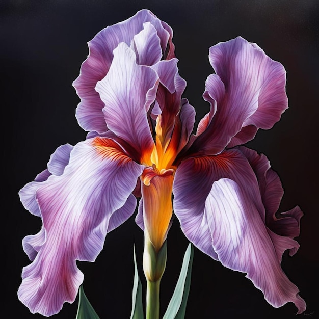 a painting of a purple iris with a black background